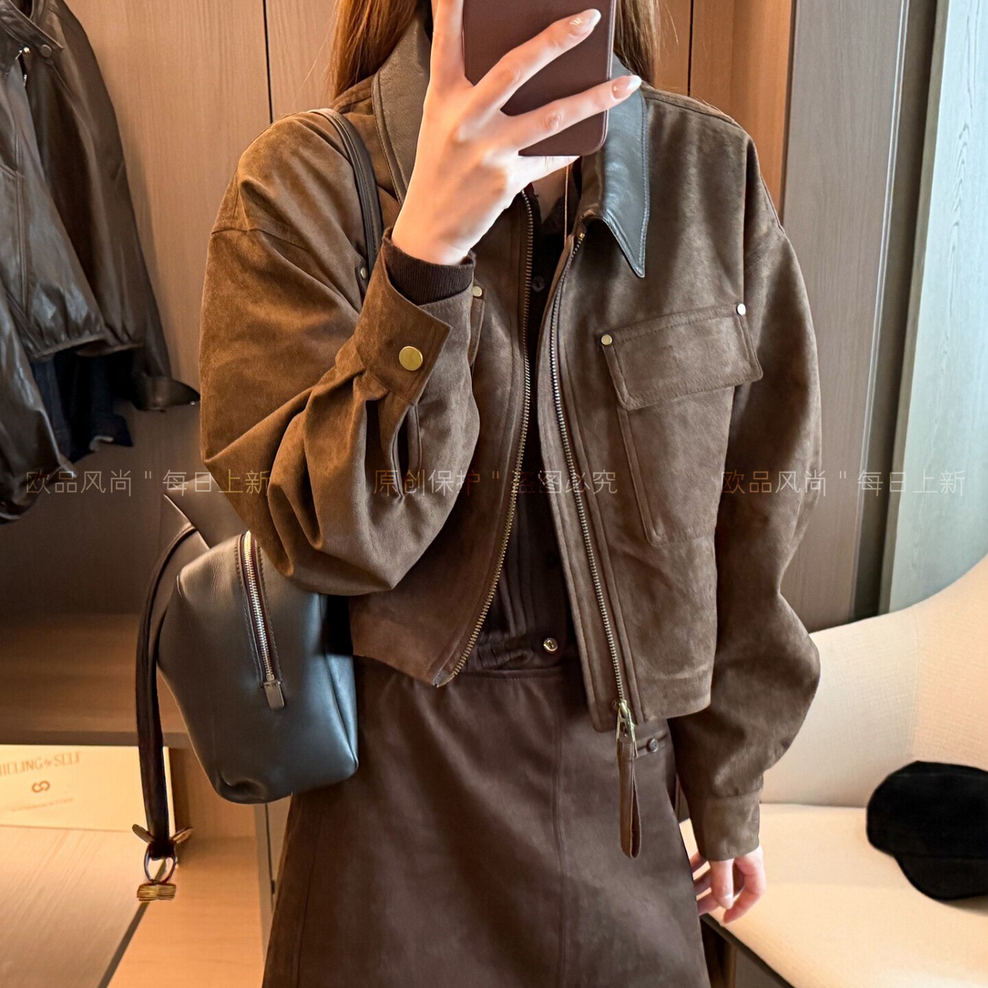 PU皮翻领麂皮绒工装外套女欧洲站