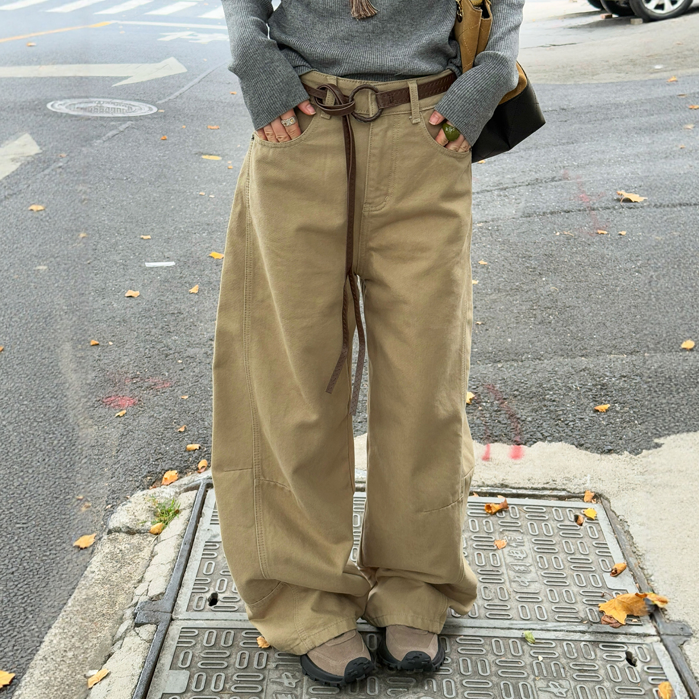 复古拖地加绒工装阔腿裤女欧洲站