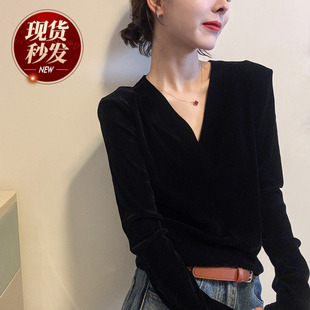 复古V领金丝绒长袖T恤女欧洲站2025冬装新款欧货女装打底小衫潮