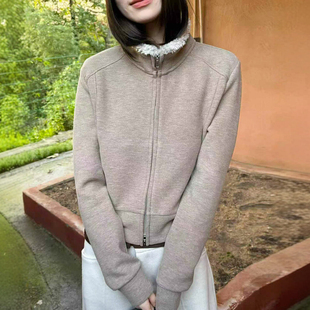 羊羔毛领加绒卫衣开衫短外套女欧洲站2026秋季新款欧货女装上衣潮