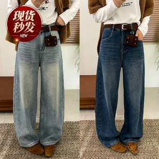 女欧洲站2025冬装 直筒裤 新款 时尚 潮 欧货女装 配腰包加绒阔腿牛仔裤