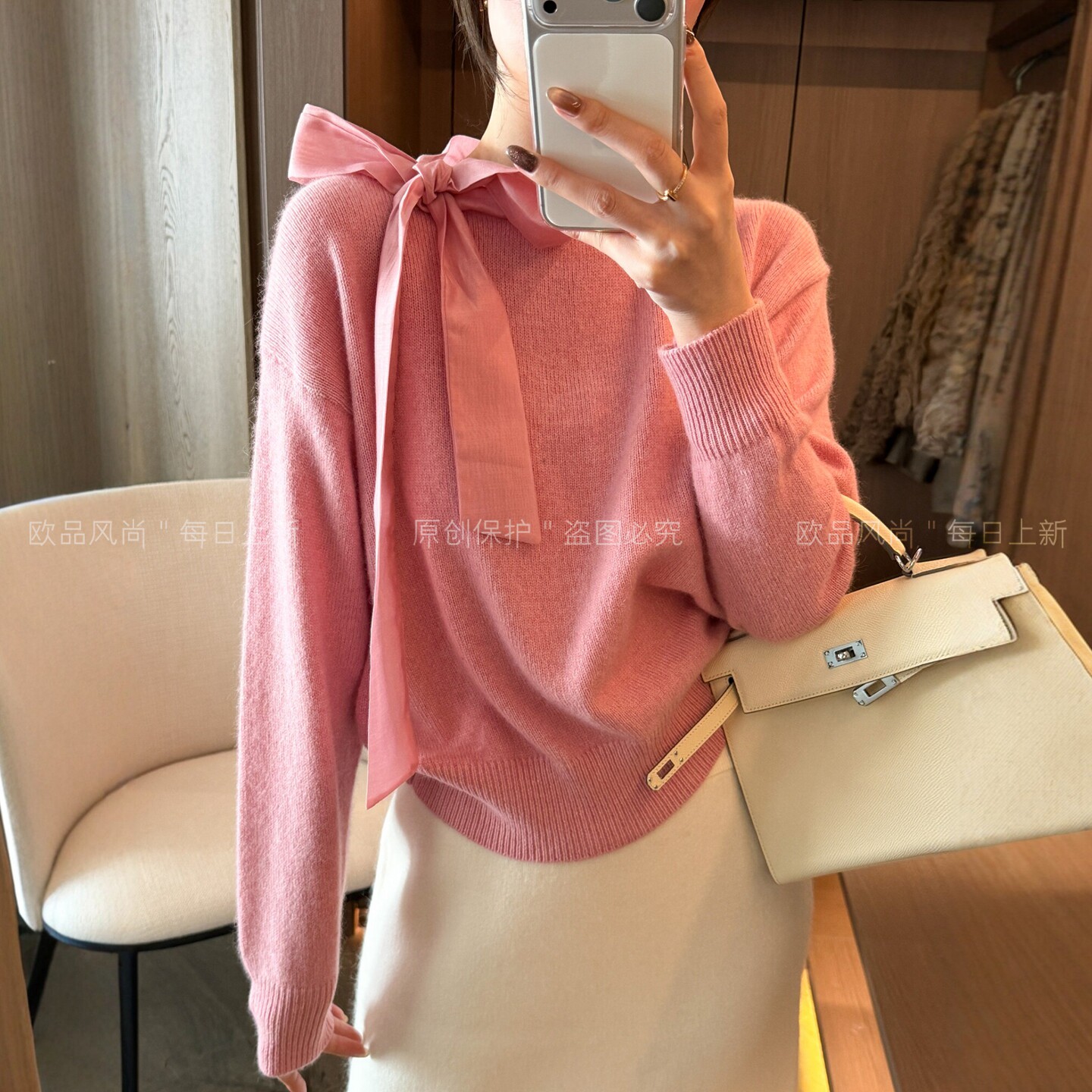 蝴蝶结装饰绵羊毛针织衫女欧洲站