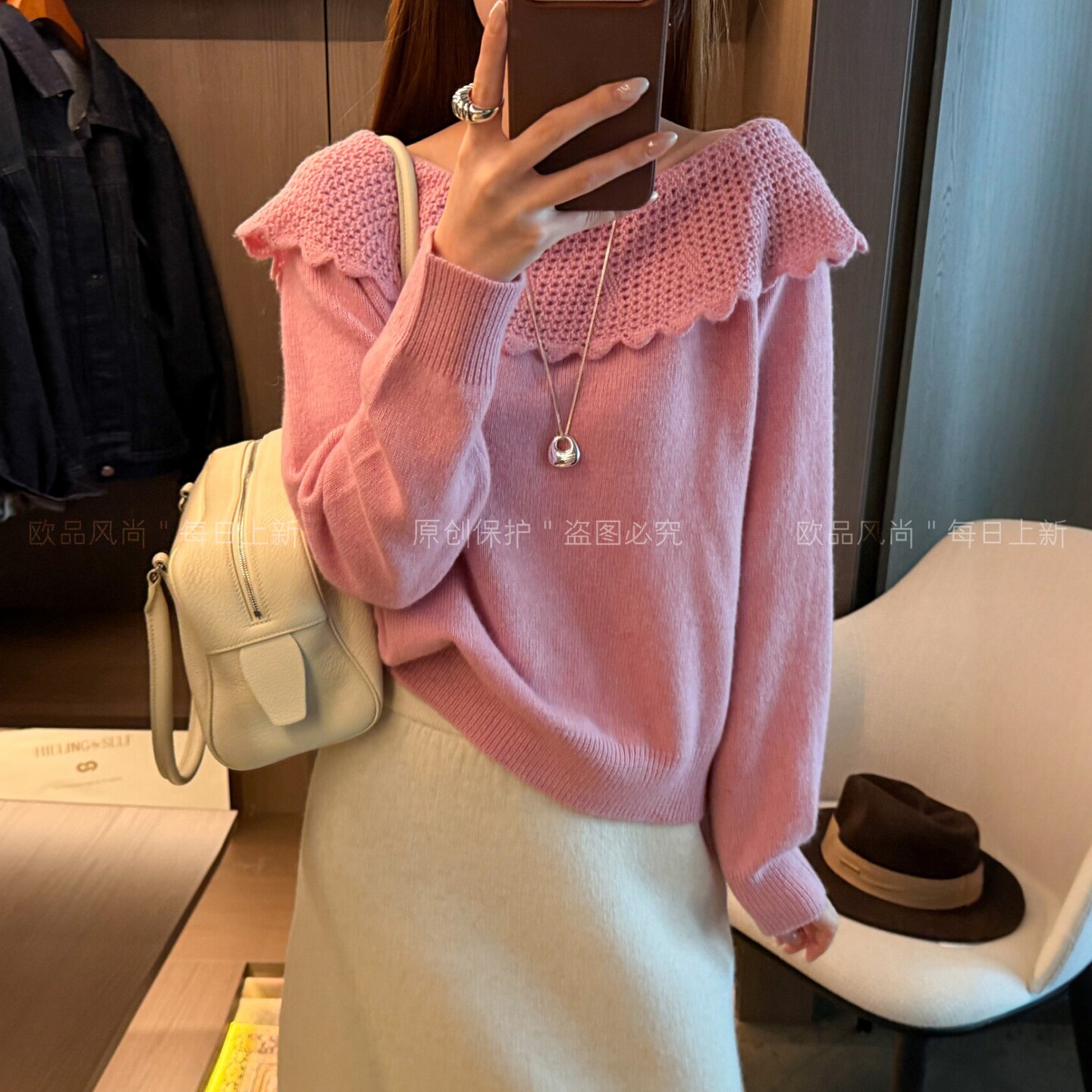 荷叶领露肩绵羊毛针织衫女欧洲站