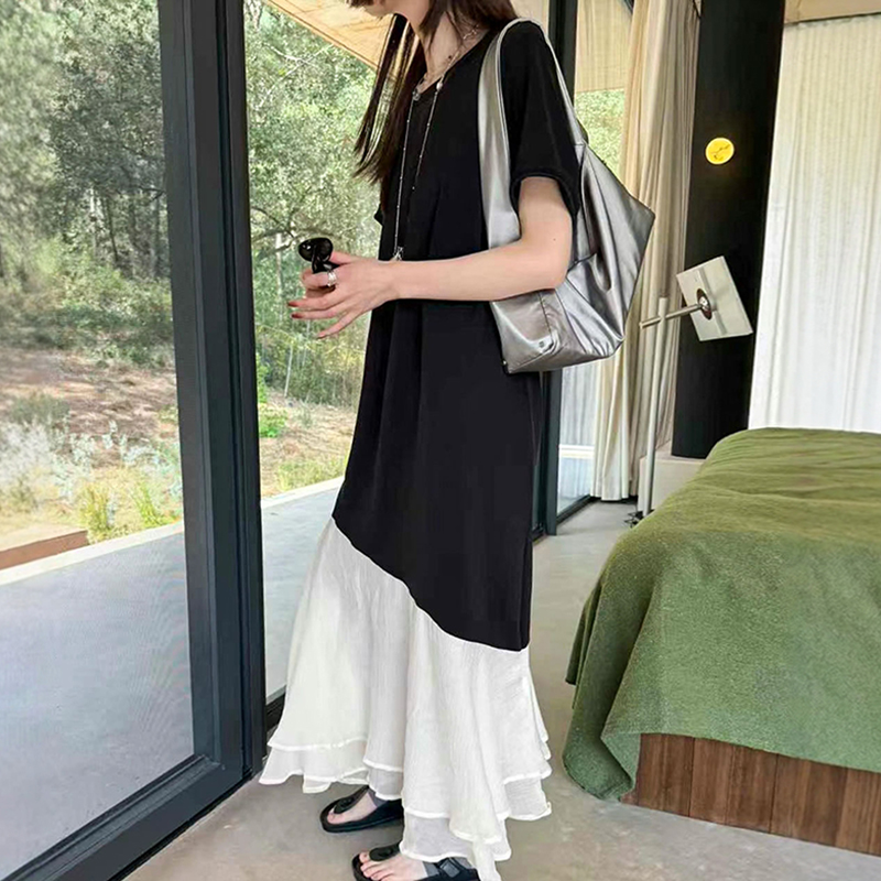 假两件拼接鱼尾天丝连衣裙女欧洲站2025早春新款欧货女装A字裙潮