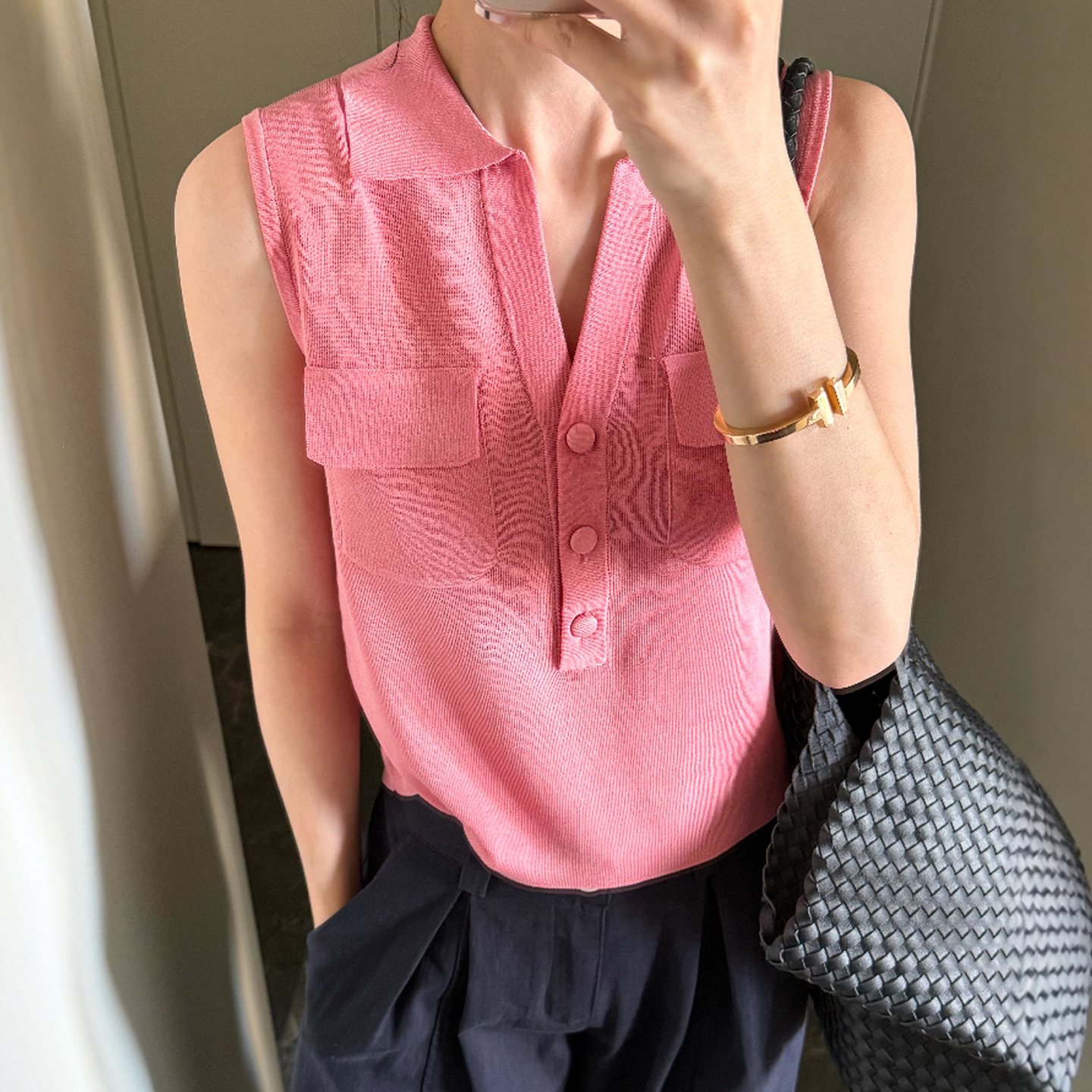 双口袋翻领冰丝针织衫女欧洲站2025夏装新款欧货女装无袖打底衫潮