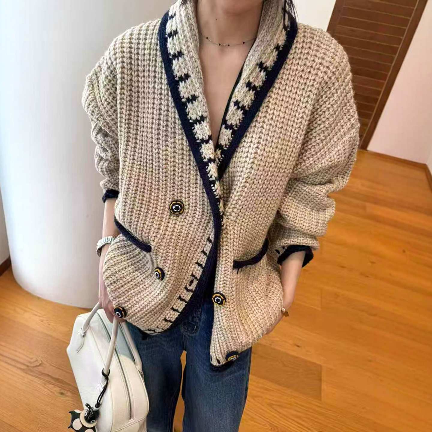复古粗线山羊绒针织开衫女欧洲站