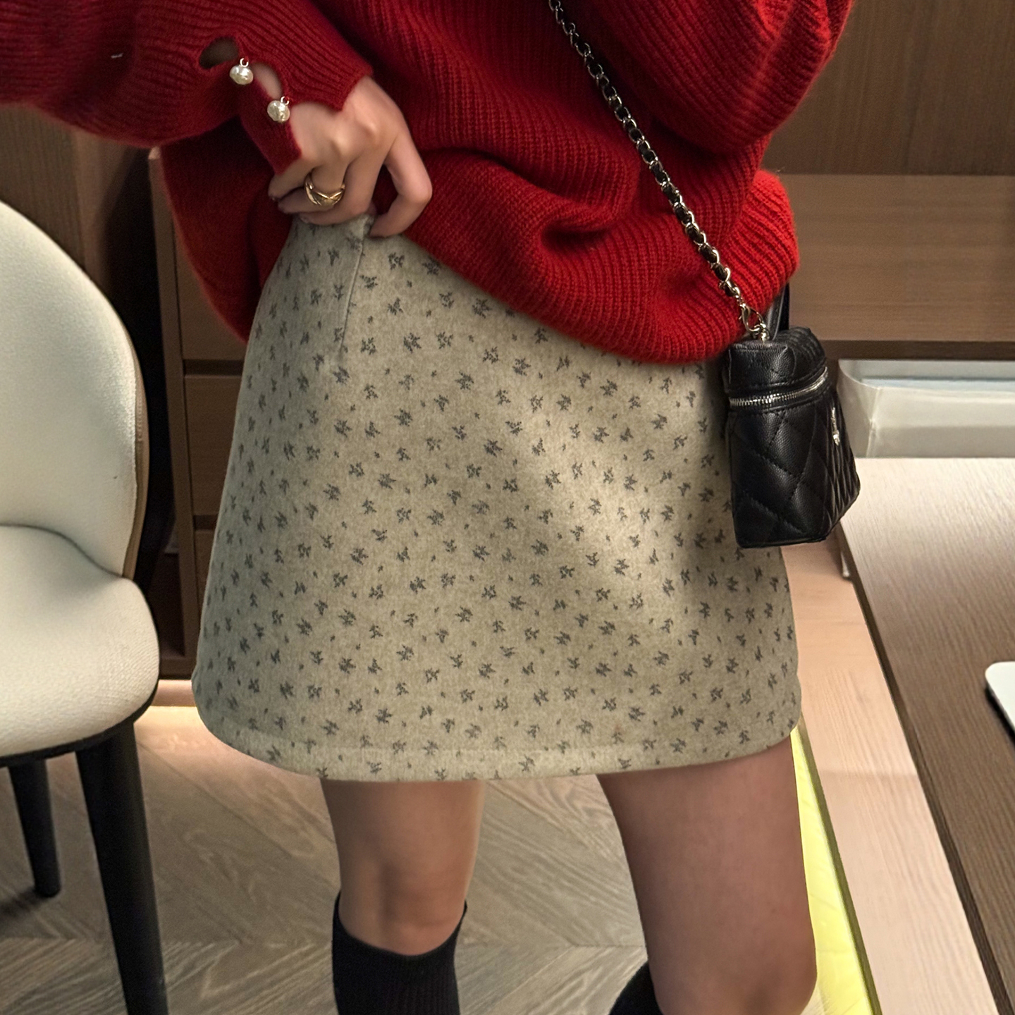 复古碎花羊毛呢A字半身裙女欧货