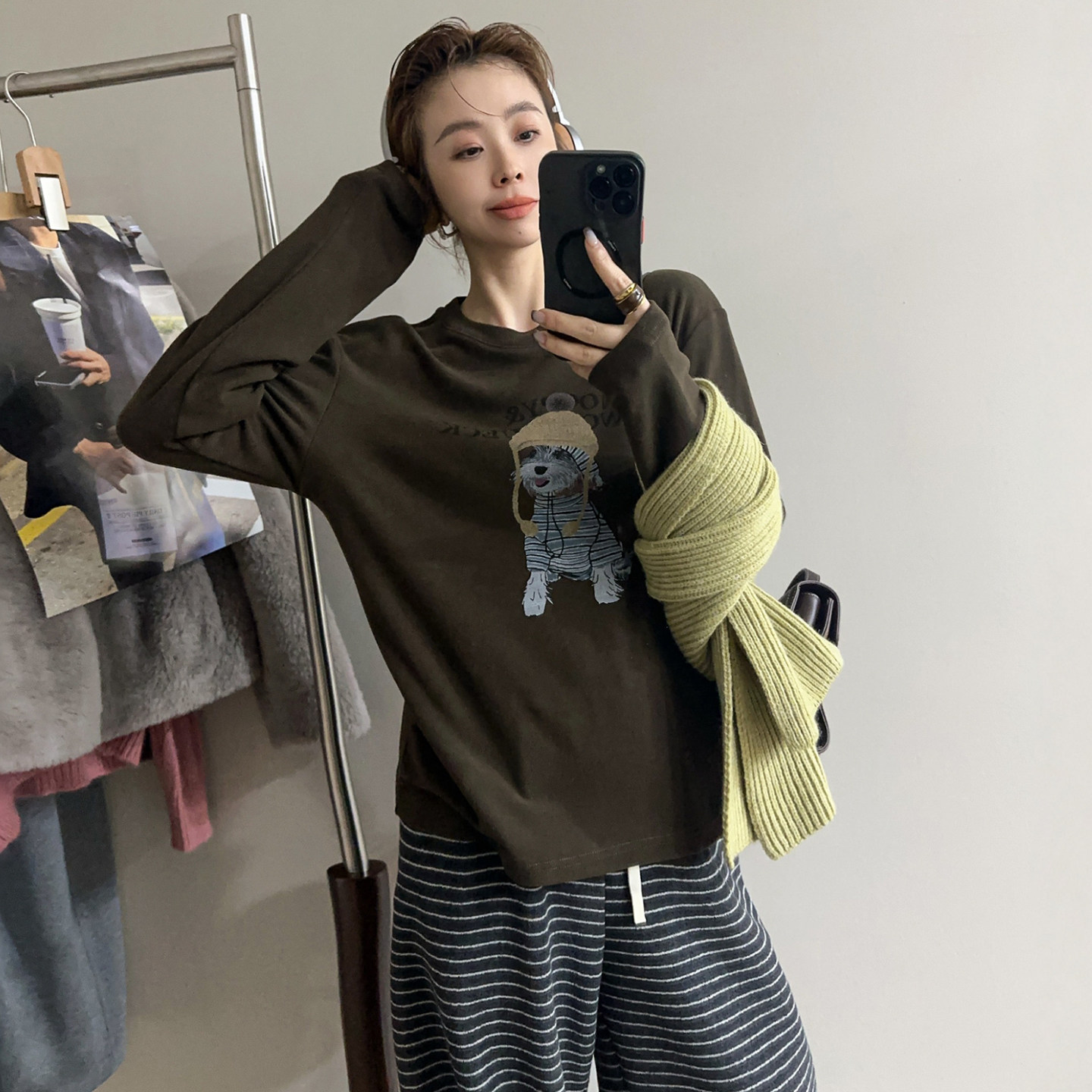 小狗印花磨毛加厚加绒T恤女欧洲站2025冬装新款欧货女装打底衫潮