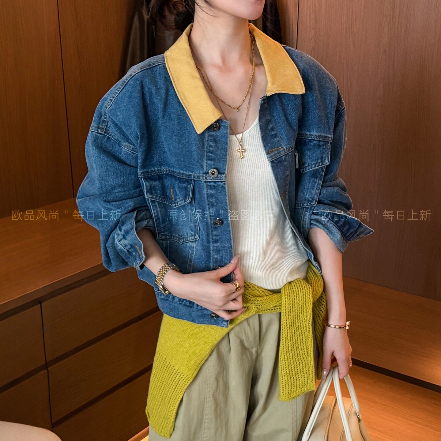 复古撞色翻领牛仔外套女欧洲站潮