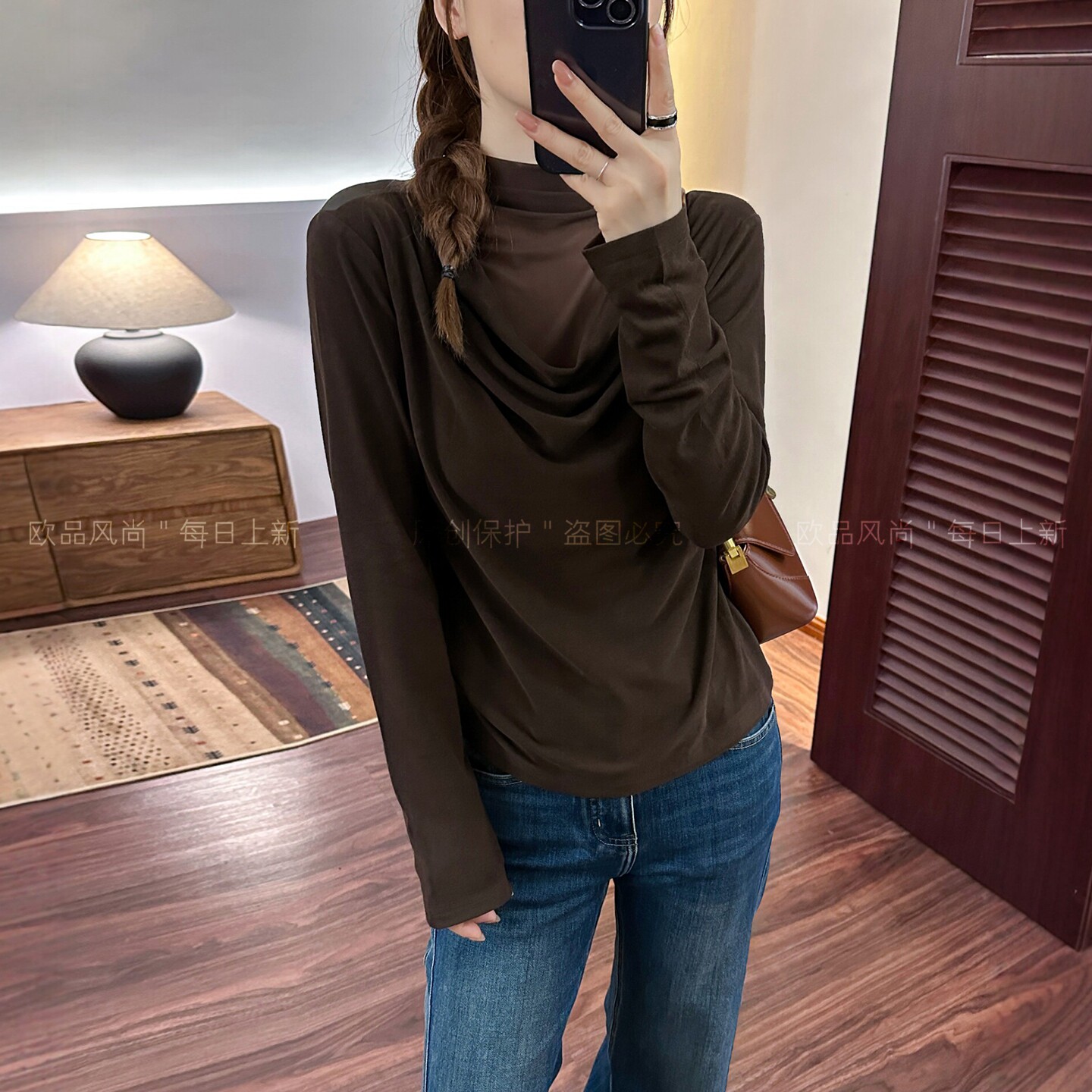 假两件拼纱荡领长袖T恤女欧洲站