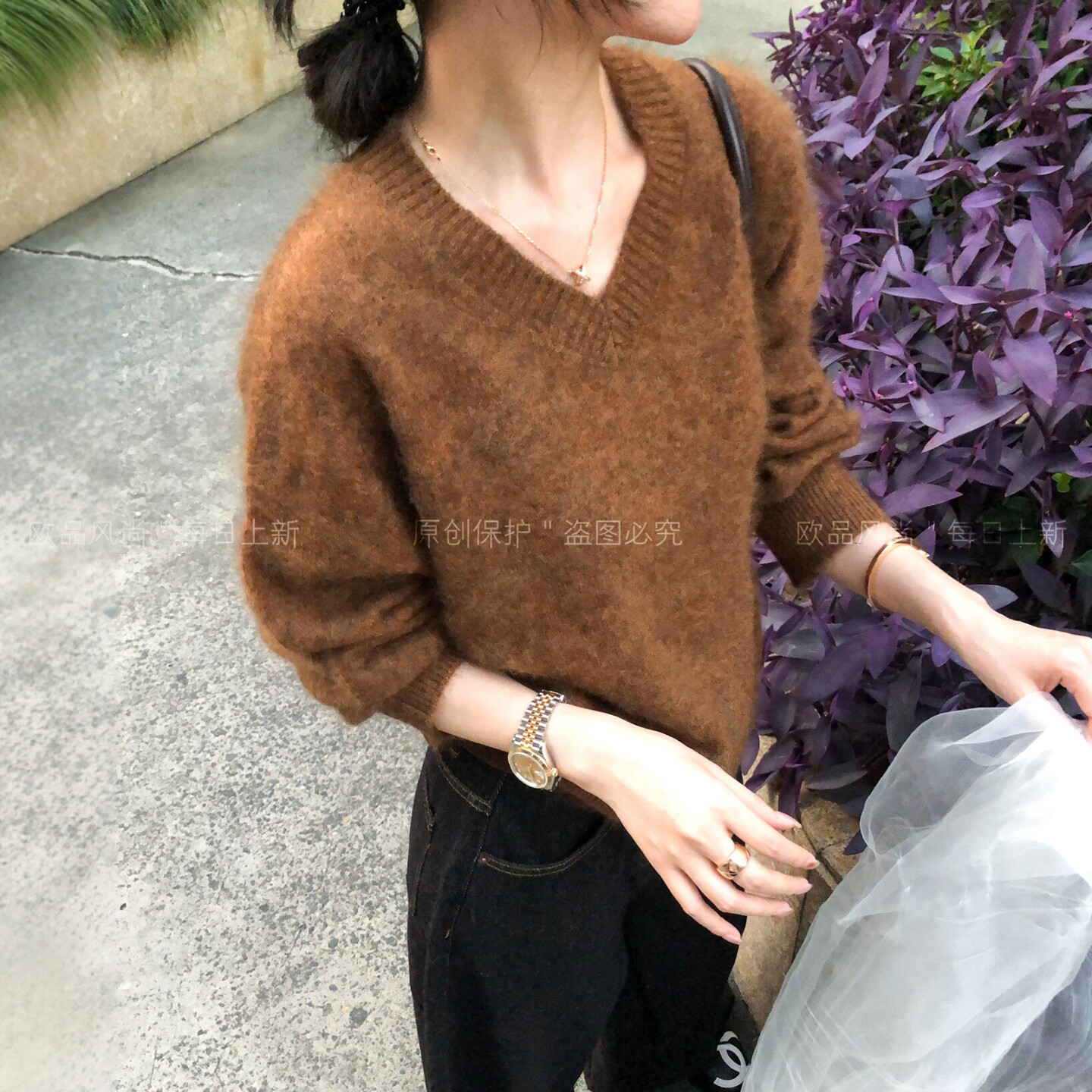 复古V领拉毛羊绒针织衫女欧洲站