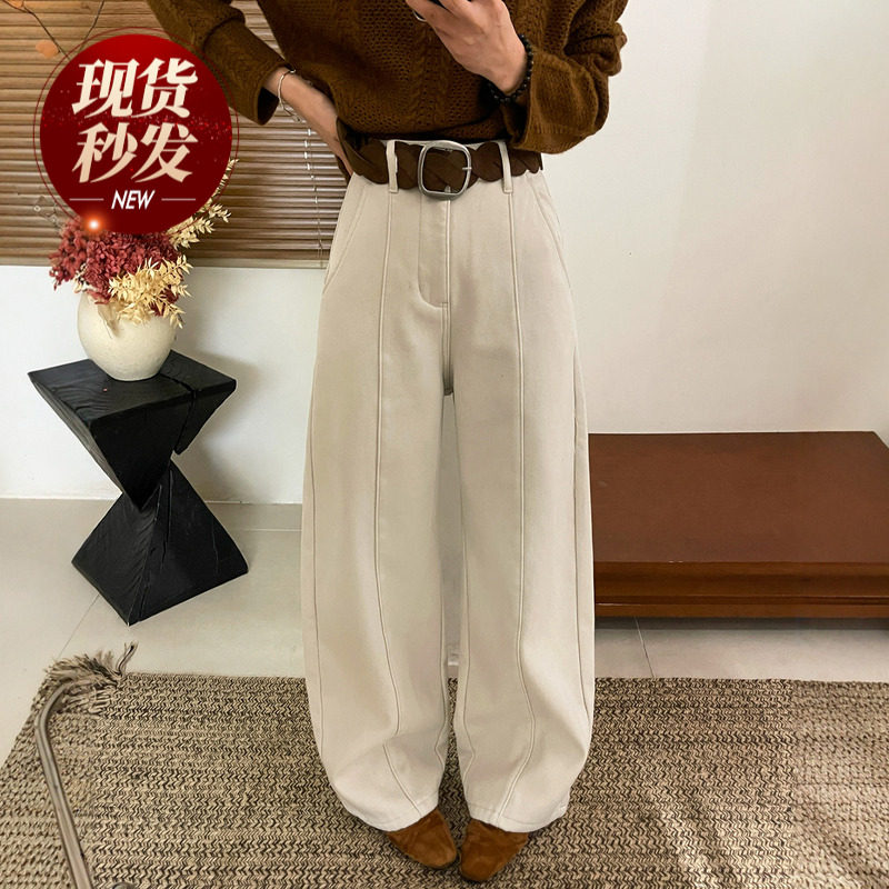 立体剪裁加绒阔腿牛仔裤女欧洲站