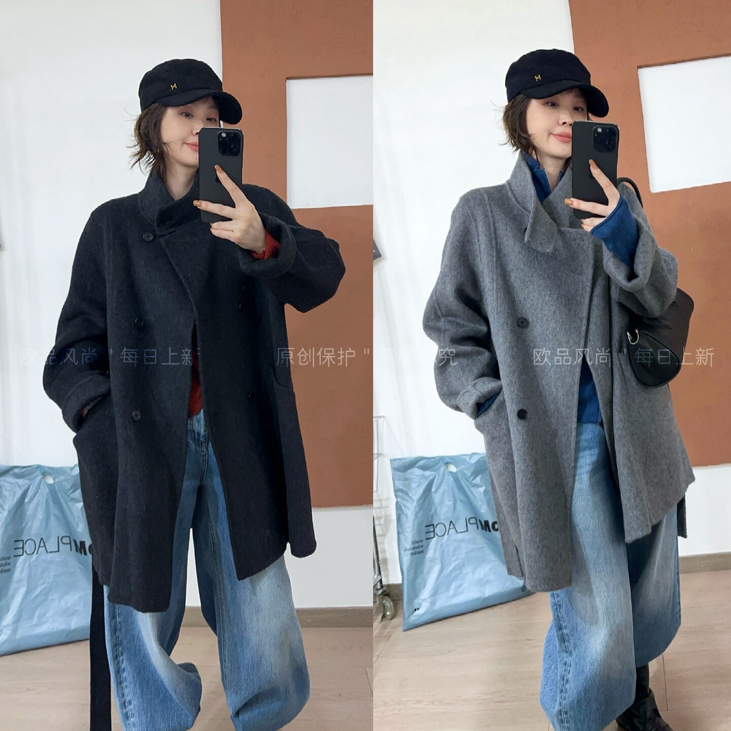 贴标立领双面羊绒大衣女欧货外套