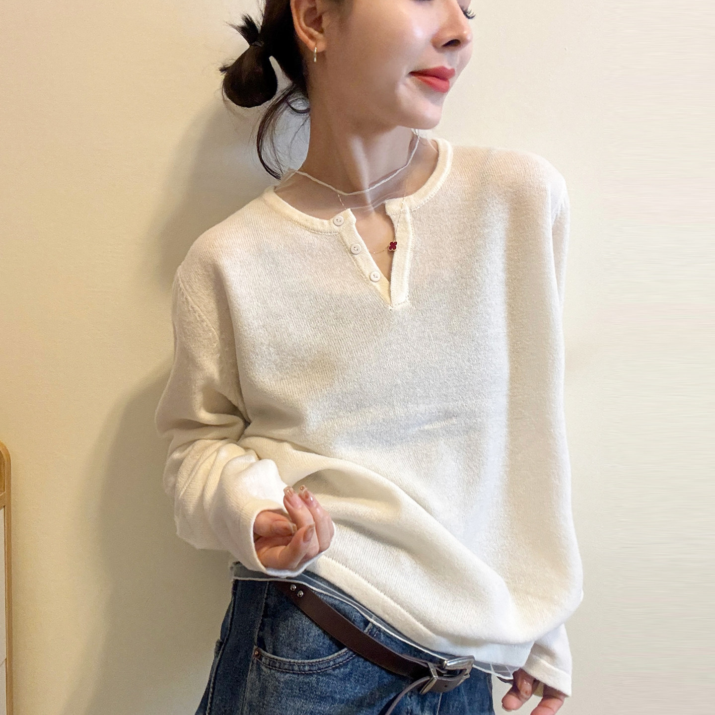 假两件网纱V领羊毛针织衫女欧洲站2026秋季新款欧货女装打底毛衣