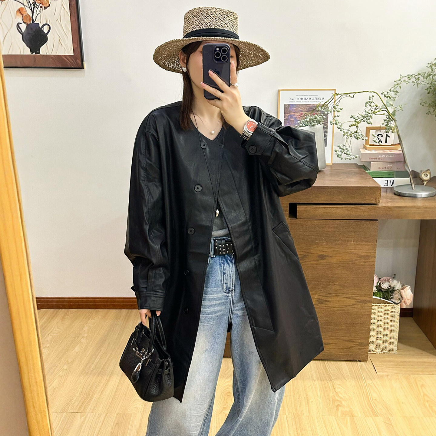 复古圆领蛋白皮PU皮衣女欧货外套