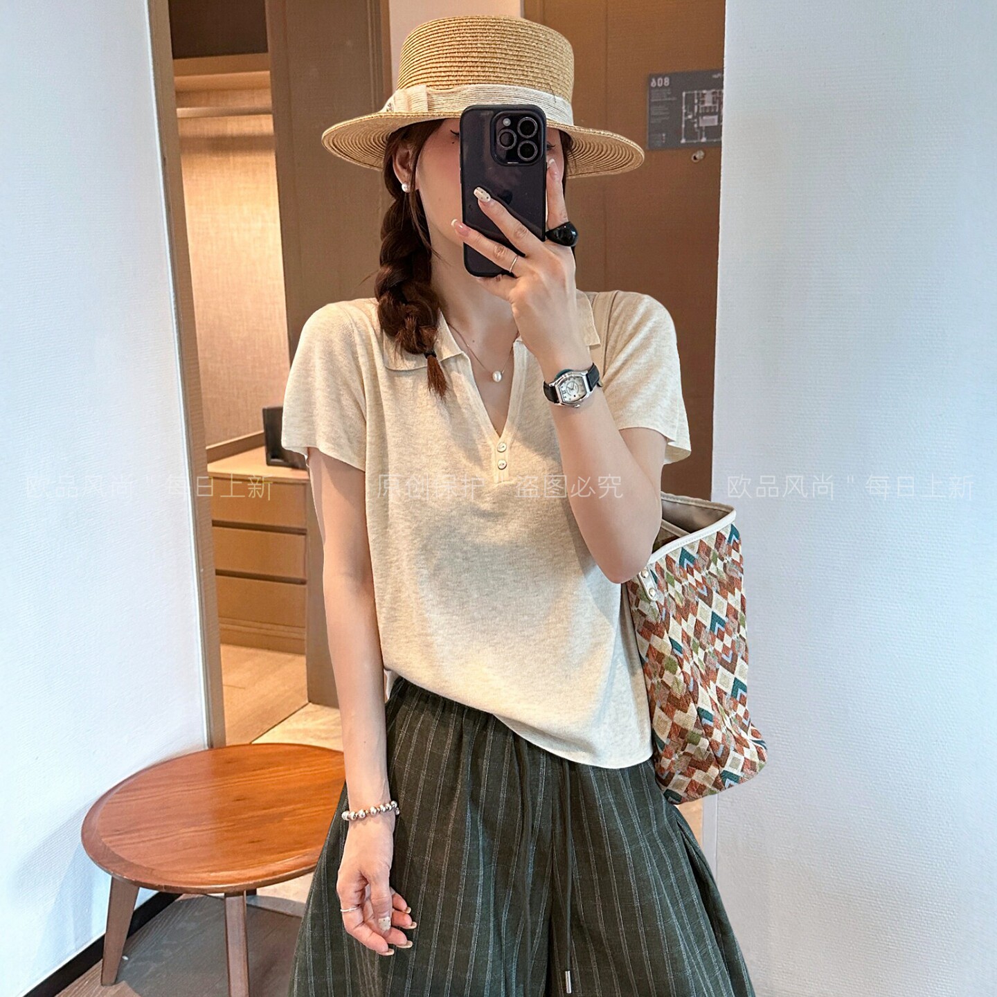 老钱风POLO领羊毛短袖T恤女欧货