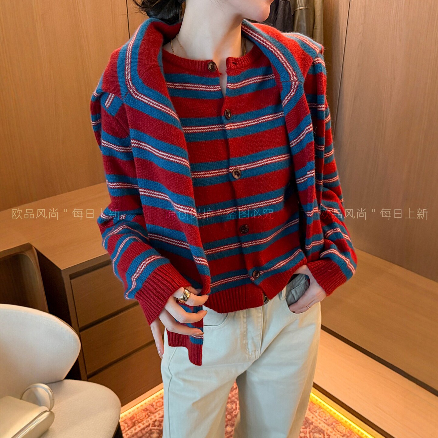 撞色条纹绵羊毛针织开衫女欧洲站