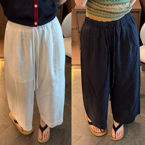 莱赛尔九分亚麻阔腿裤女欧货裤子