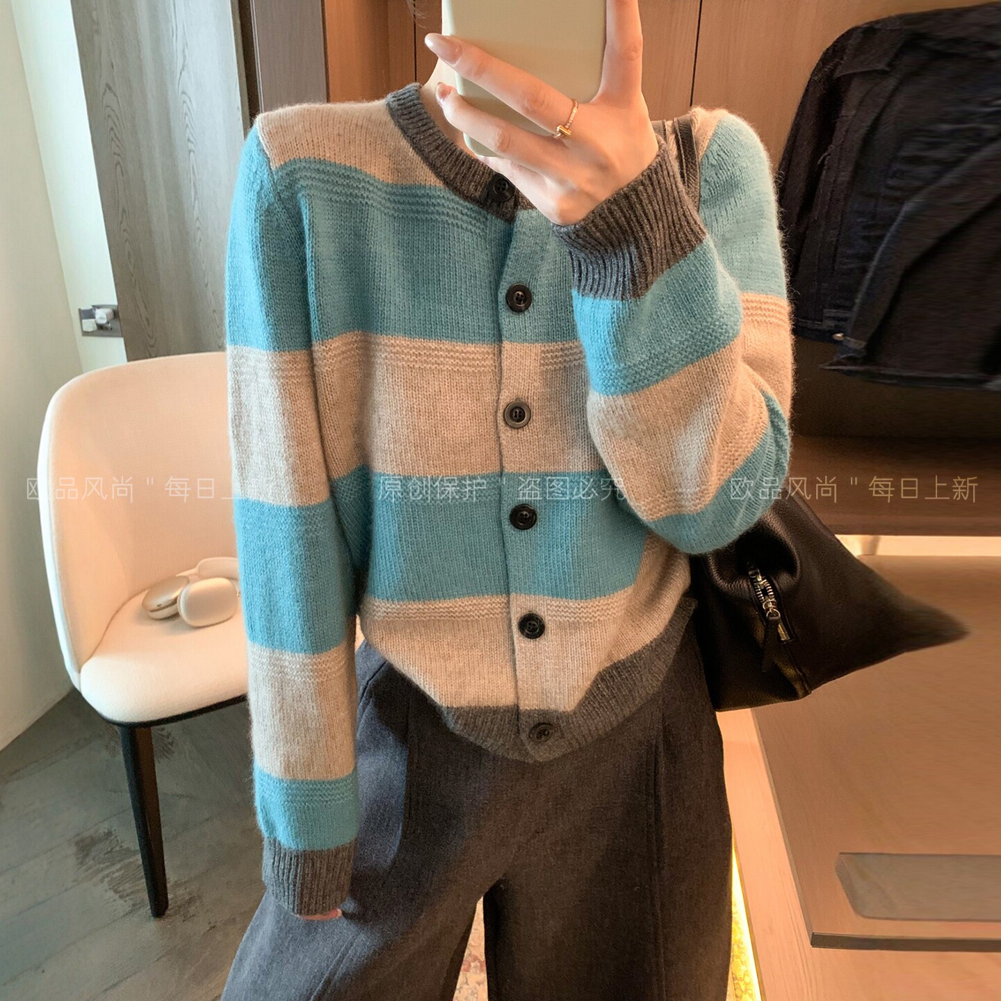 撞色条纹绵羊毛针织开衫女欧洲站