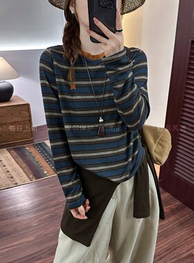 M字母条纹长袖T恤女上衣欧洲站潮