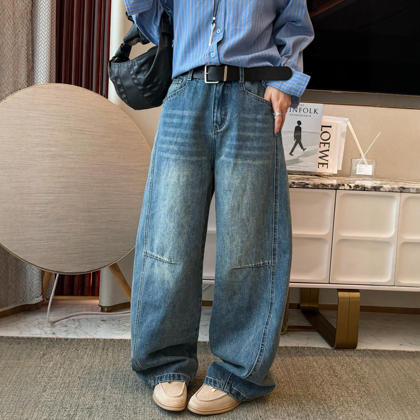 复古做旧弯刀阔腿牛仔裤女欧洲站2026春装新款欧货女装拖地裤子潮