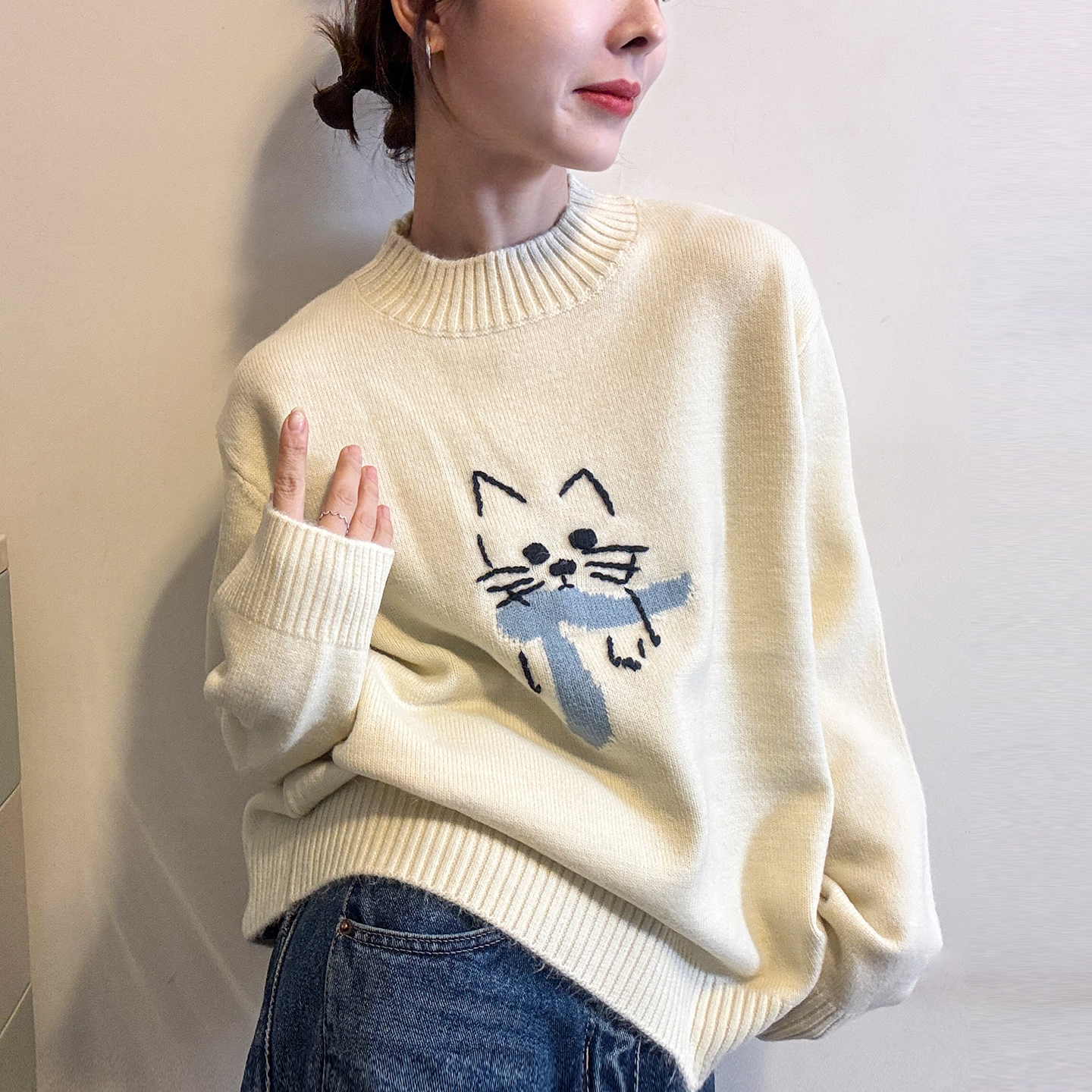 小猫刺绣细羊毛针织衫女欧洲站潮