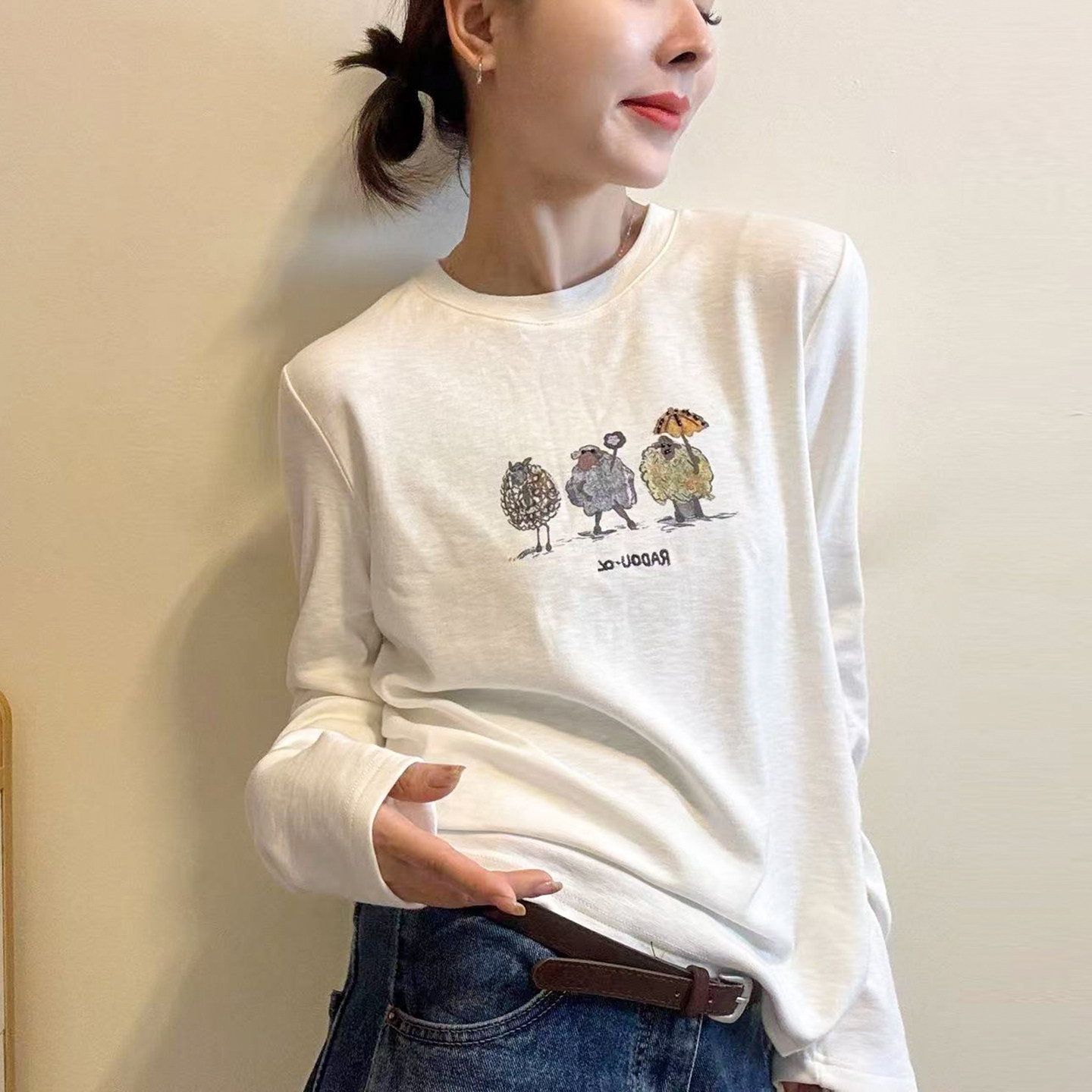 卡通印花磨毛长袖T恤女欧货上衣