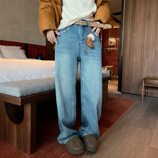 加厚直筒裤 配挂件加绒阔腿牛仔裤 欧货女装 新款 潮 女欧洲站2025冬装