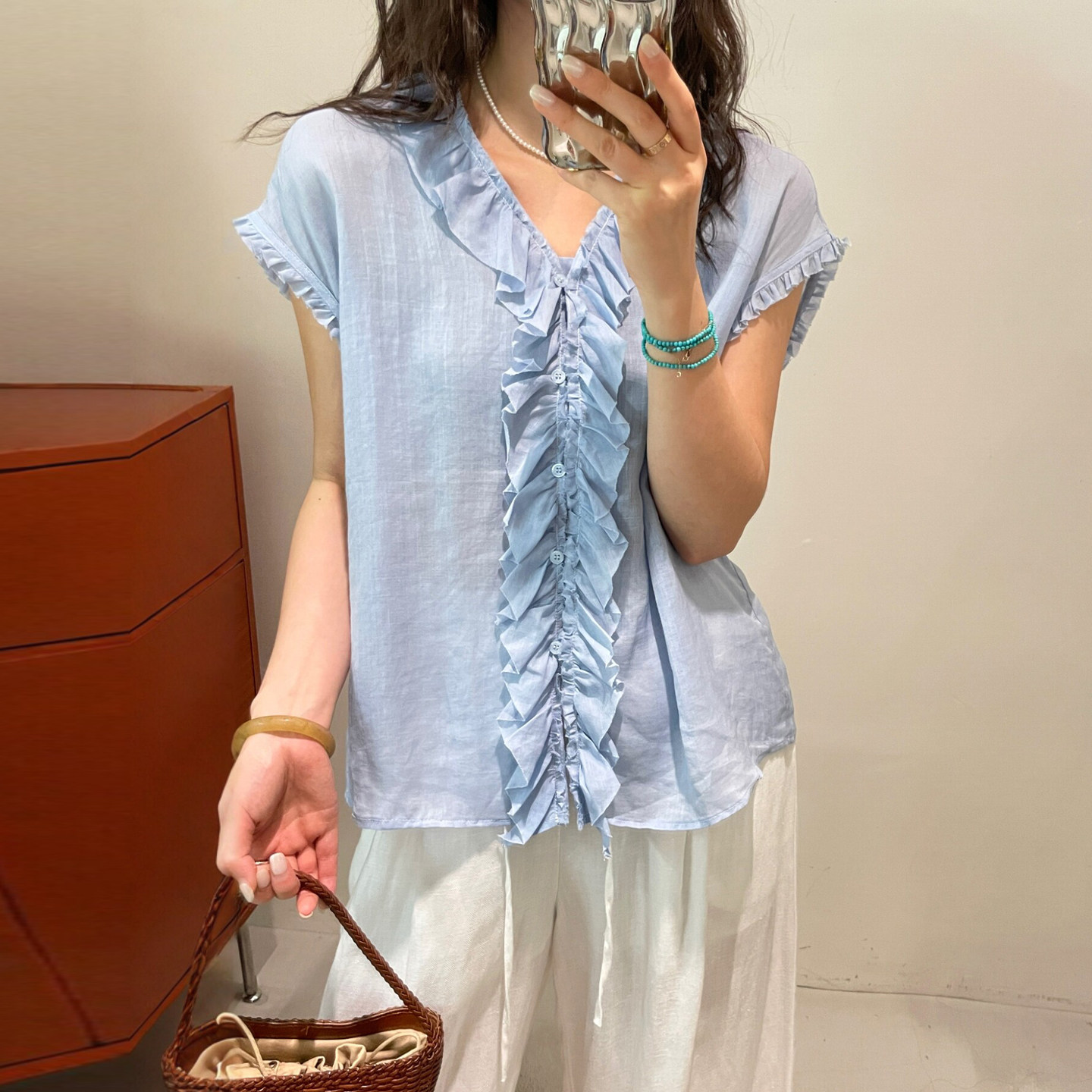 木耳边褶皱V领苎麻衬衫女欧洲站