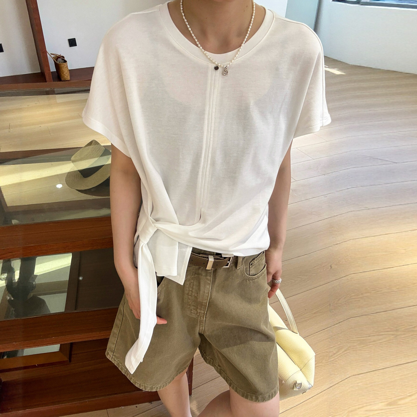 侧边打结贝壳扣短袖T恤女欧洲站