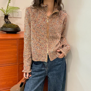 彩色杂线高领羊绒针织开衫女欧洲站2026秋季新款欧货女装毛衣外套