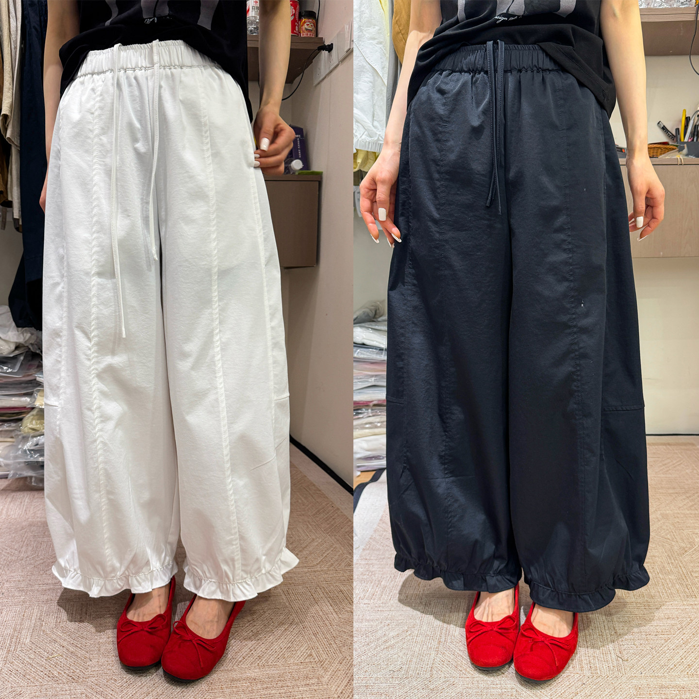 木耳边抽绳九分阔腿裤女欧洲站2026夏装新款欧货女装时尚休闲裤潮
