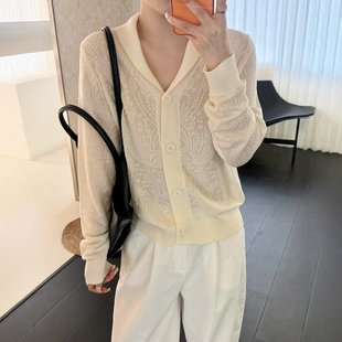 欧货女装 新款 毛衣潮 女欧洲站2026春装 青果领蕾丝钩花冰丝针织开衫