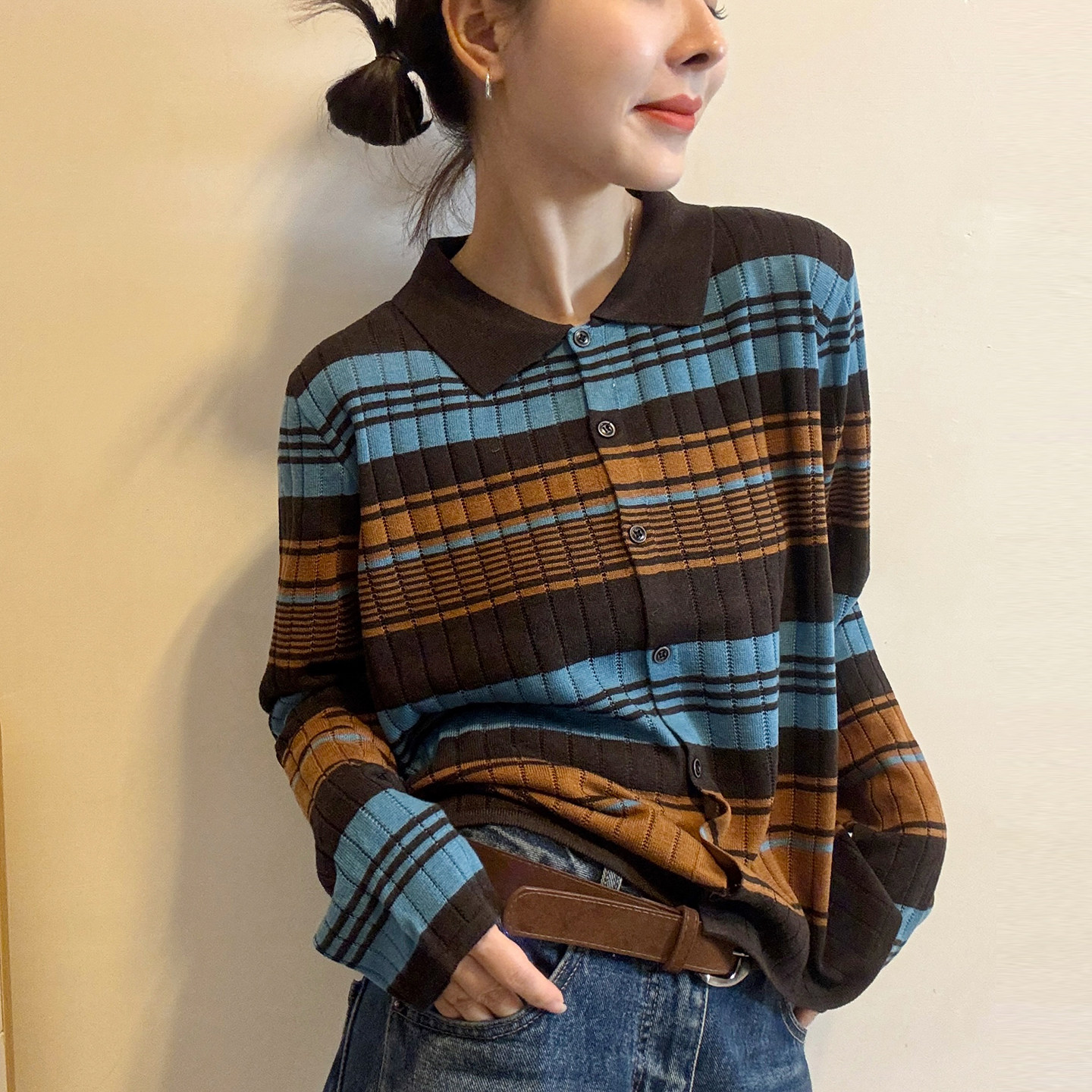 POLO领条纹羊毛针织开衫女欧洲站