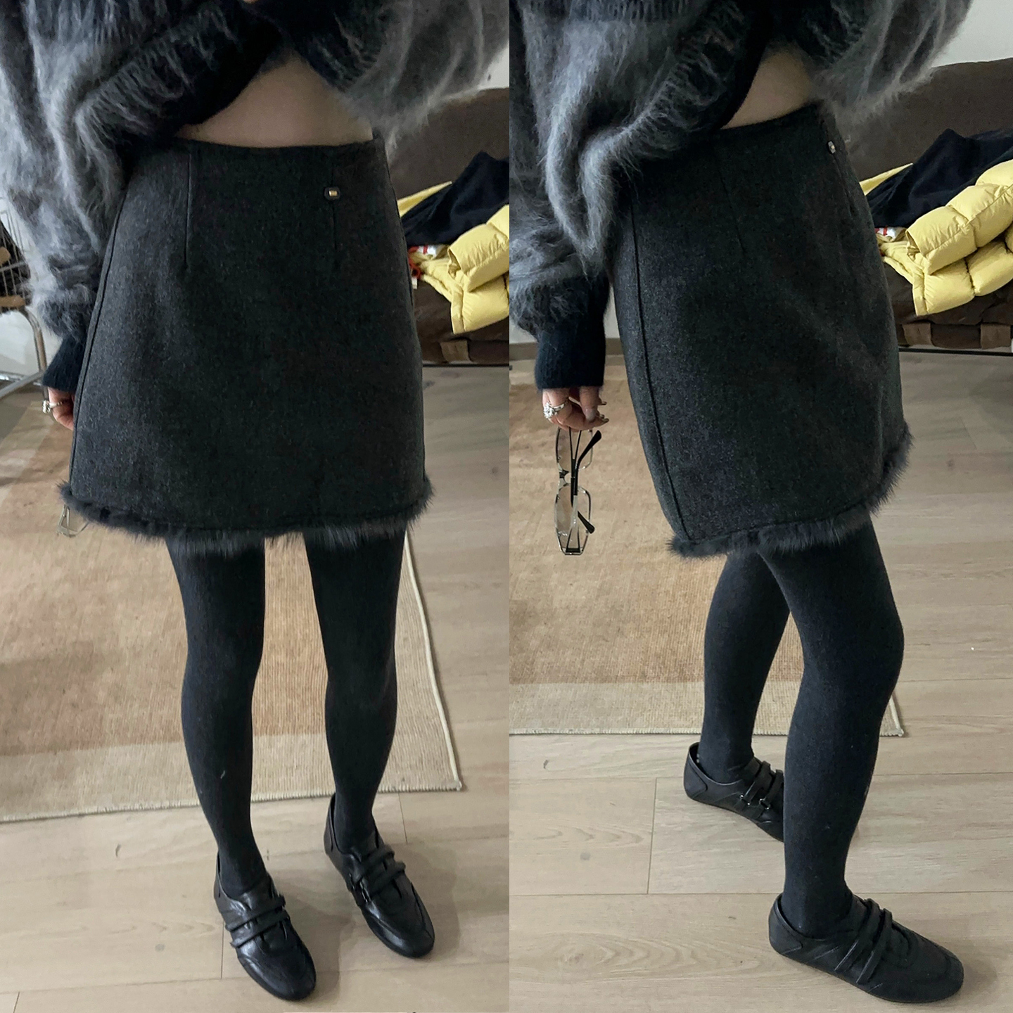 羊毛呢拼接A字半身裙女欧货裙子