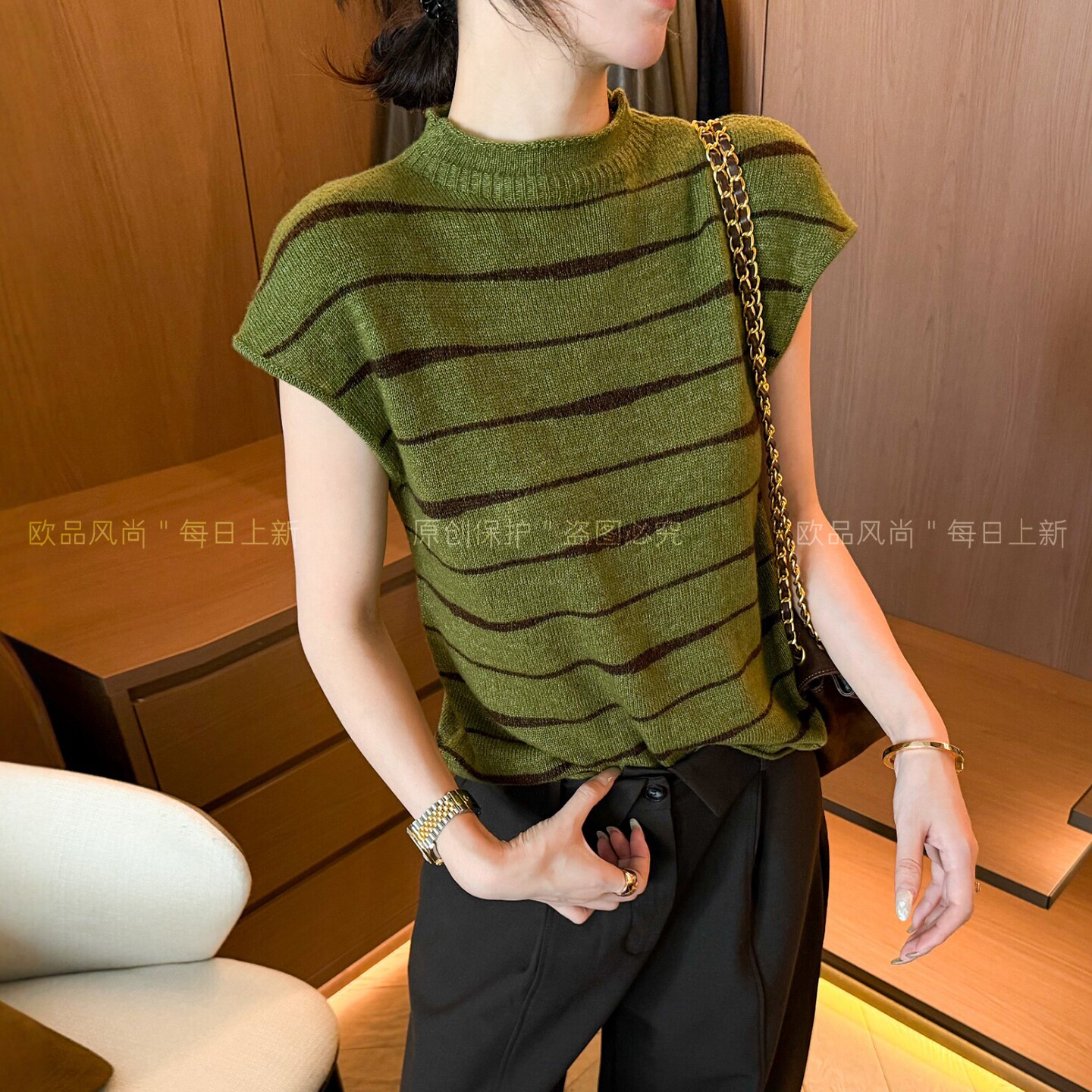 撞色条纹小飞袖羊毛针织衫女欧货