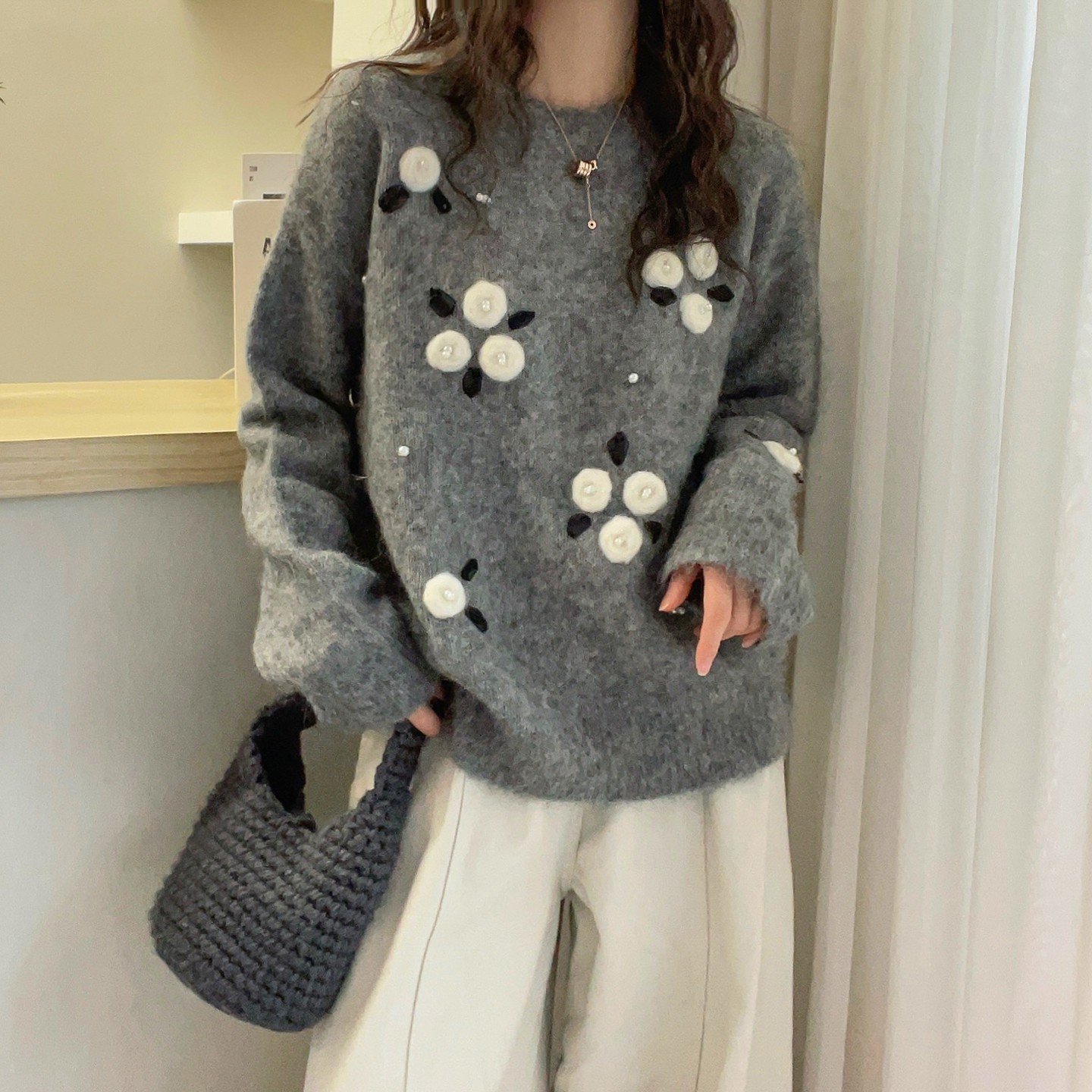 重工钉珠羊驼绒针织衫女欧货上衣