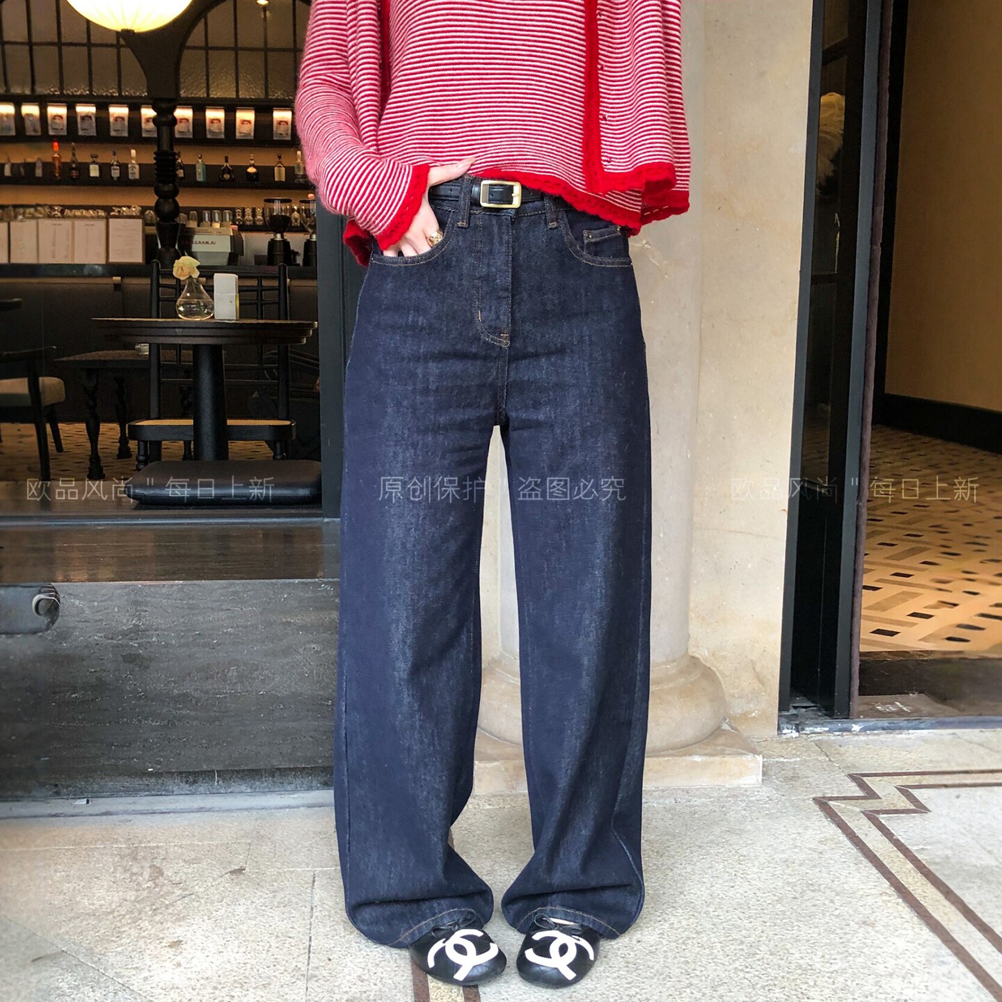 深蓝色拖地阔腿牛仔裤女欧洲站潮
