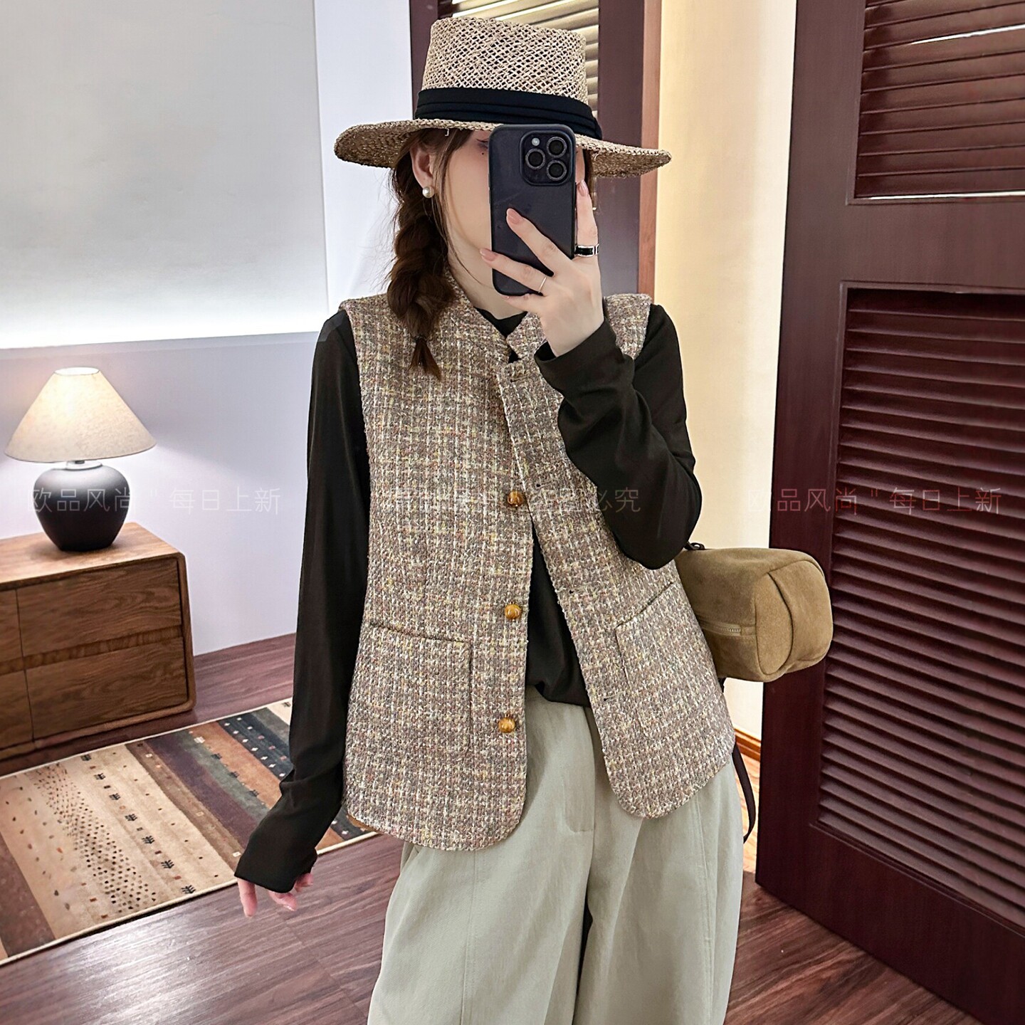 小香风粗花呢马甲外套女欧货上衣