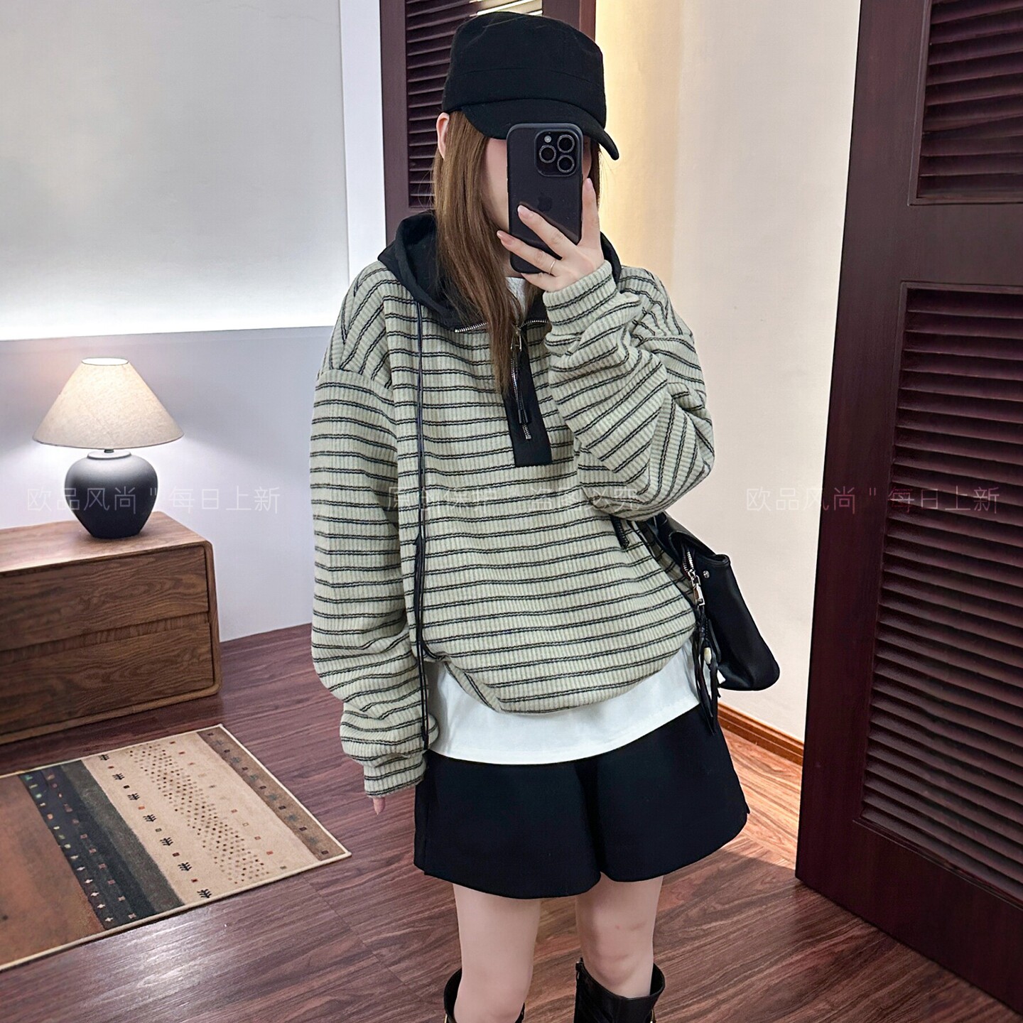 抽绳连帽条纹加绒卫衣女欧洲站潮
