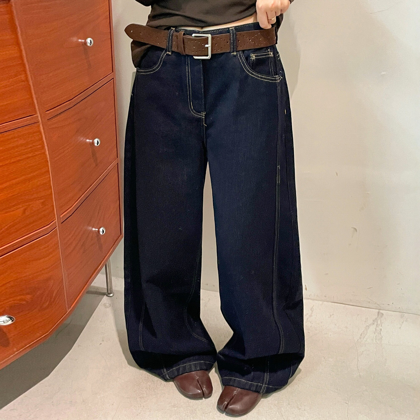 深蓝色拖地加绒阔腿牛仔裤女欧货