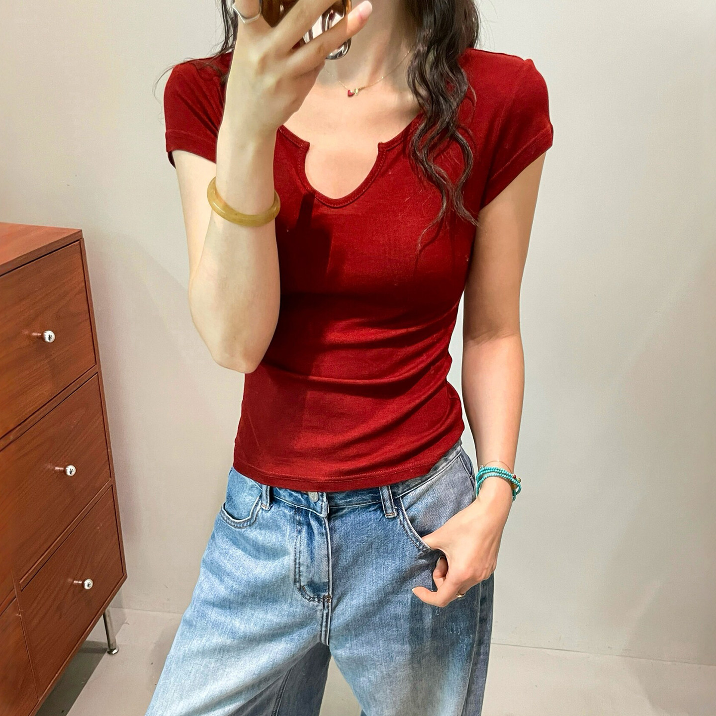 莱赛尔桑蚕丝V领短袖T恤女欧洲站2026春装新款欧货女装打底小衫潮