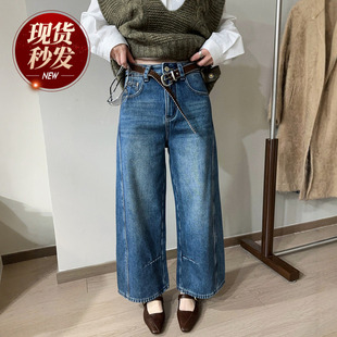 深蓝色烟管加绒牛仔裤女欧洲站2025冬装新款欧货女装九分直筒裤潮