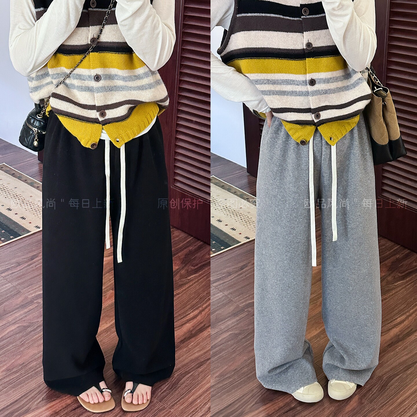 抽绳系带拖地糯米阔腿裤女欧洲站