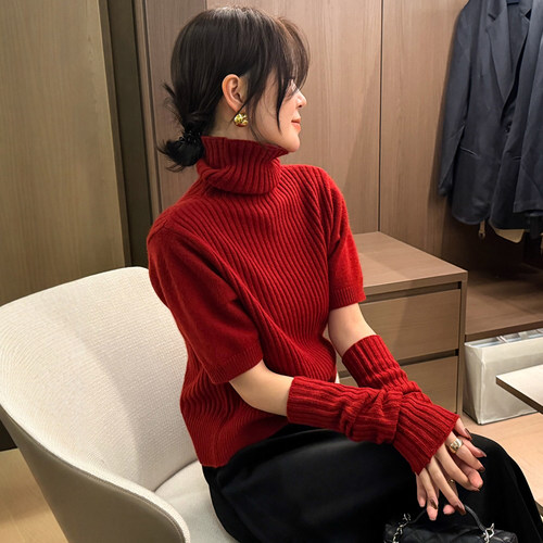 配袖套高领羊绒针织衫女欧货打底