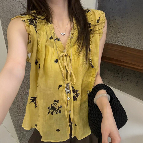 木耳边刺绣A字麻料衬衫女欧洲站