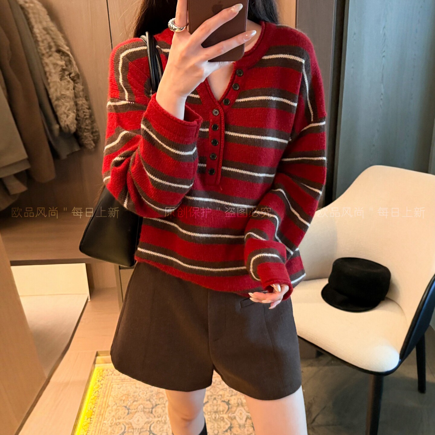 剪刀领条纹绵羊毛针织衫女欧洲站