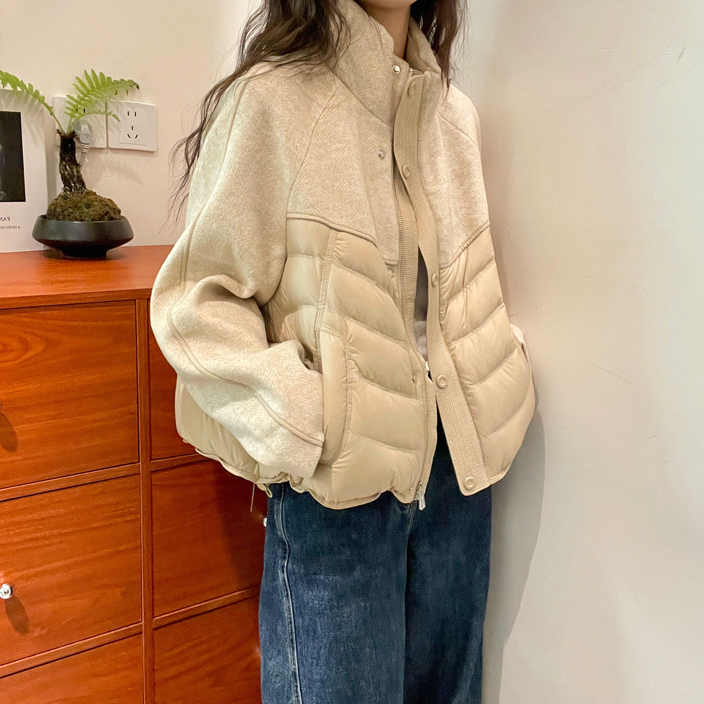 羊毛呢立领拼接羽绒服外套女欧货