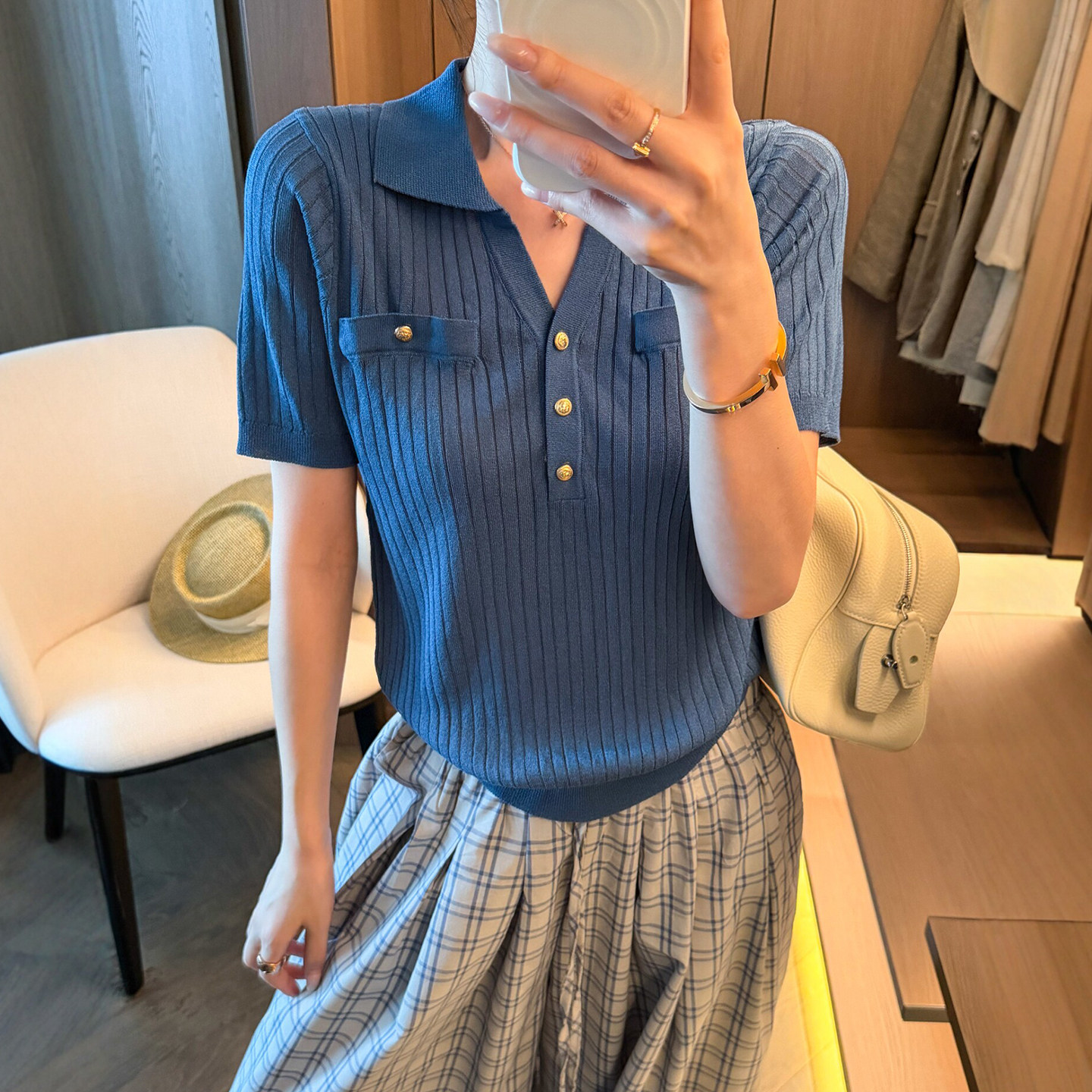 POLO领小金扣冰丝针织衫女欧洲站