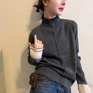 欧货女装 新款 打底毛衣潮 女欧洲站2025冬装 蕾丝拼接高领羊毛针织衫